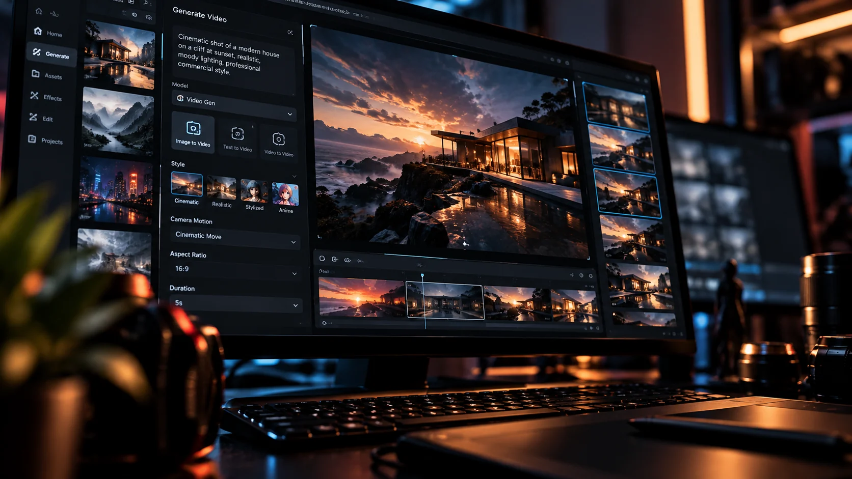 AI-assisted cinematic video concept creation on a monitor