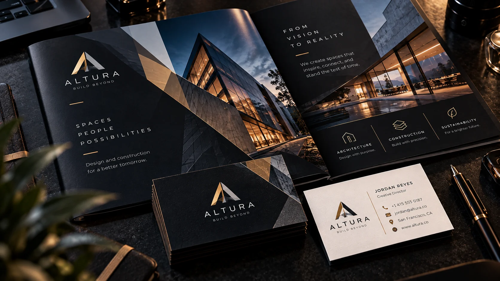 Fictional Altura branding concept on printed stationery and brochures