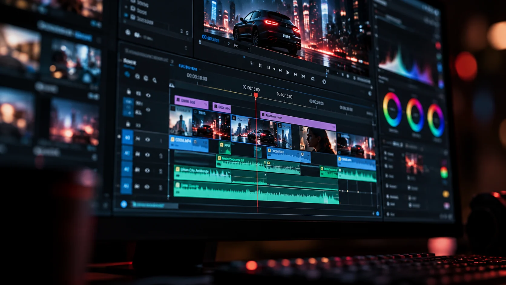 Professional video editing timeline on a studio monitor