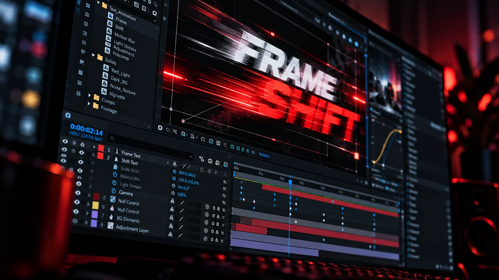 Motion graphics composition with keyframes and animated typography